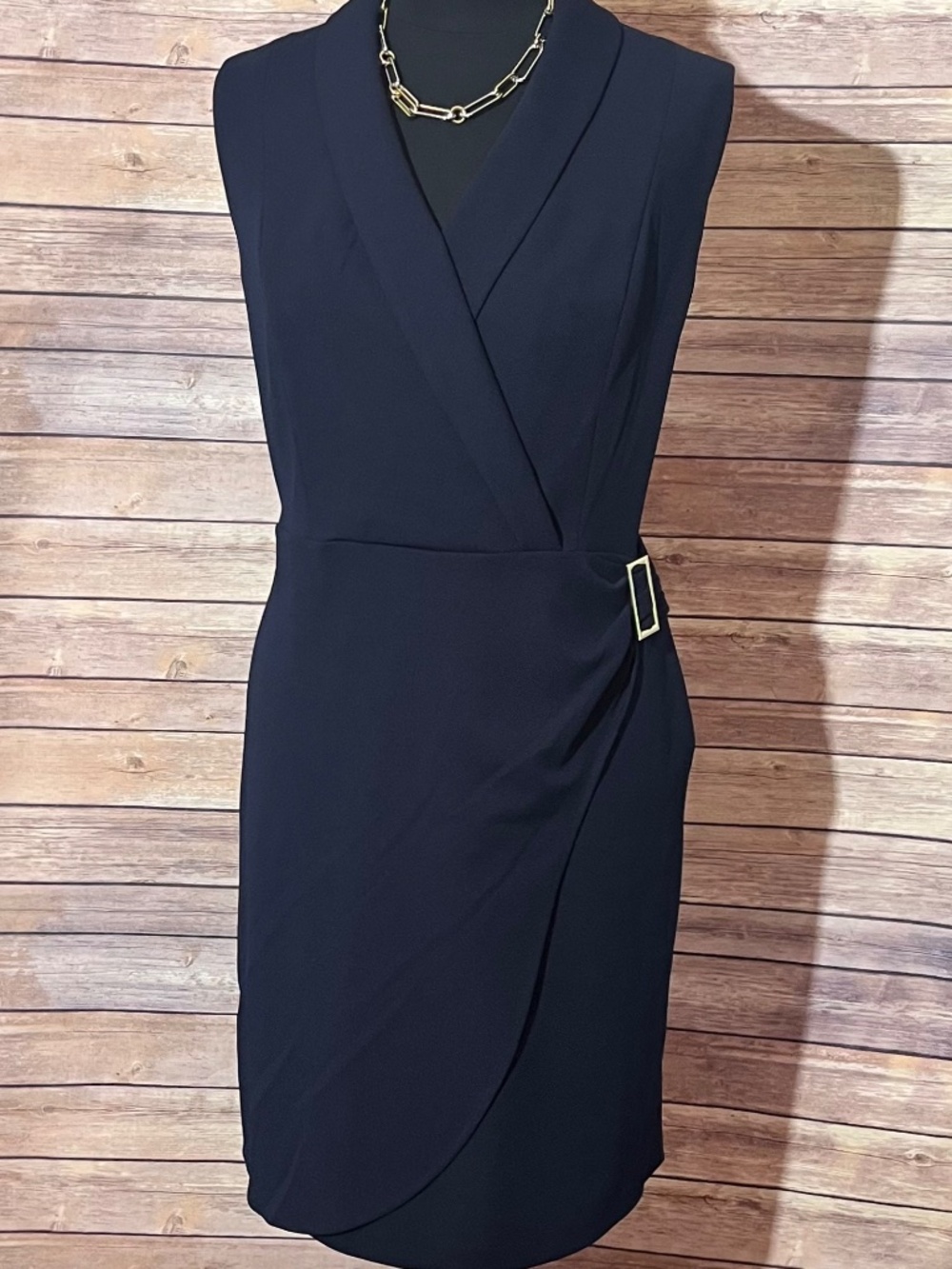 Tommy Hilfiger Faux Wrap Sleeveless Buckle Sheath Dress Navy Blue Size 6 NWT